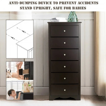 Modern 6 Drawer Bedroom Dresser Cabinet with Vertical Storage – Brown
