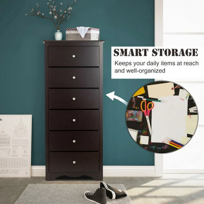 Modern 6 Drawer Bedroom Dresser Cabinet with Vertical Storage – Brown