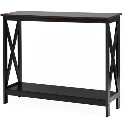 2 Tier Entryway Console Table with Open Shelves and X Frame in Brown