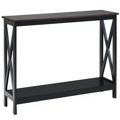 2 Tier Entryway Console Table with Open Shelves and X Frame in Brown