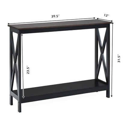 2 Tier Entryway Console Table with Open Shelves and X Frame in Brown