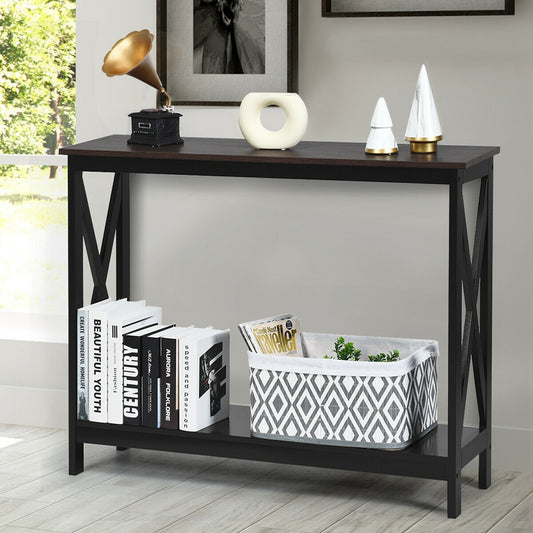 2 Tier Entryway Console Table with Open Shelves and X Frame in Brown
