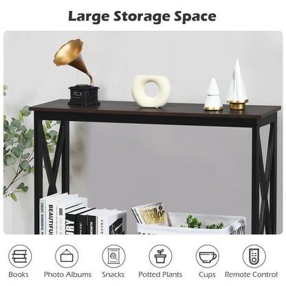 2 Tier Entryway Console Table with Open Shelves and X Frame in Brown