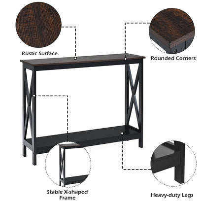 2 Tier Entryway Console Table with Open Shelves and X Frame in Brown