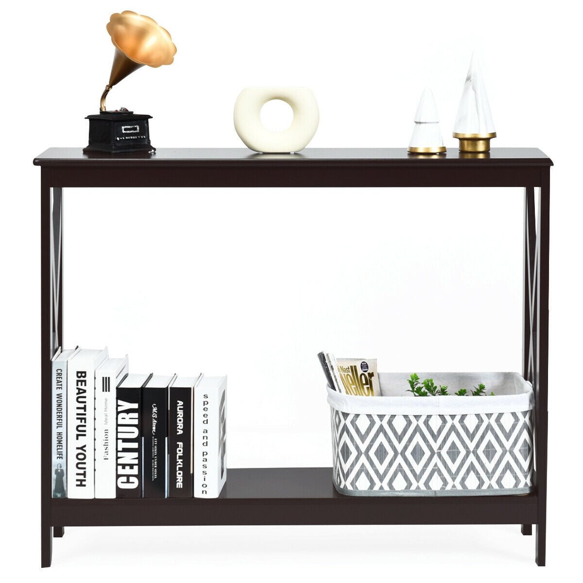 2 Tier Entryway Console Table with Open Shelves and X Frame in Dark Brown