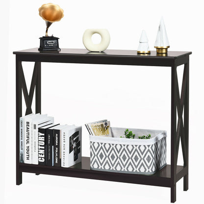 2 Tier Entryway Console Table with Open Shelves and X Frame in Dark Brown
