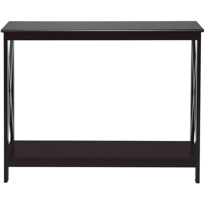 2 Tier Entryway Console Table with Open Shelves and X Frame in Dark Brown