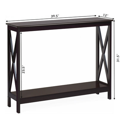 2 Tier Entryway Console Table with Open Shelves and X Frame in Dark Brown