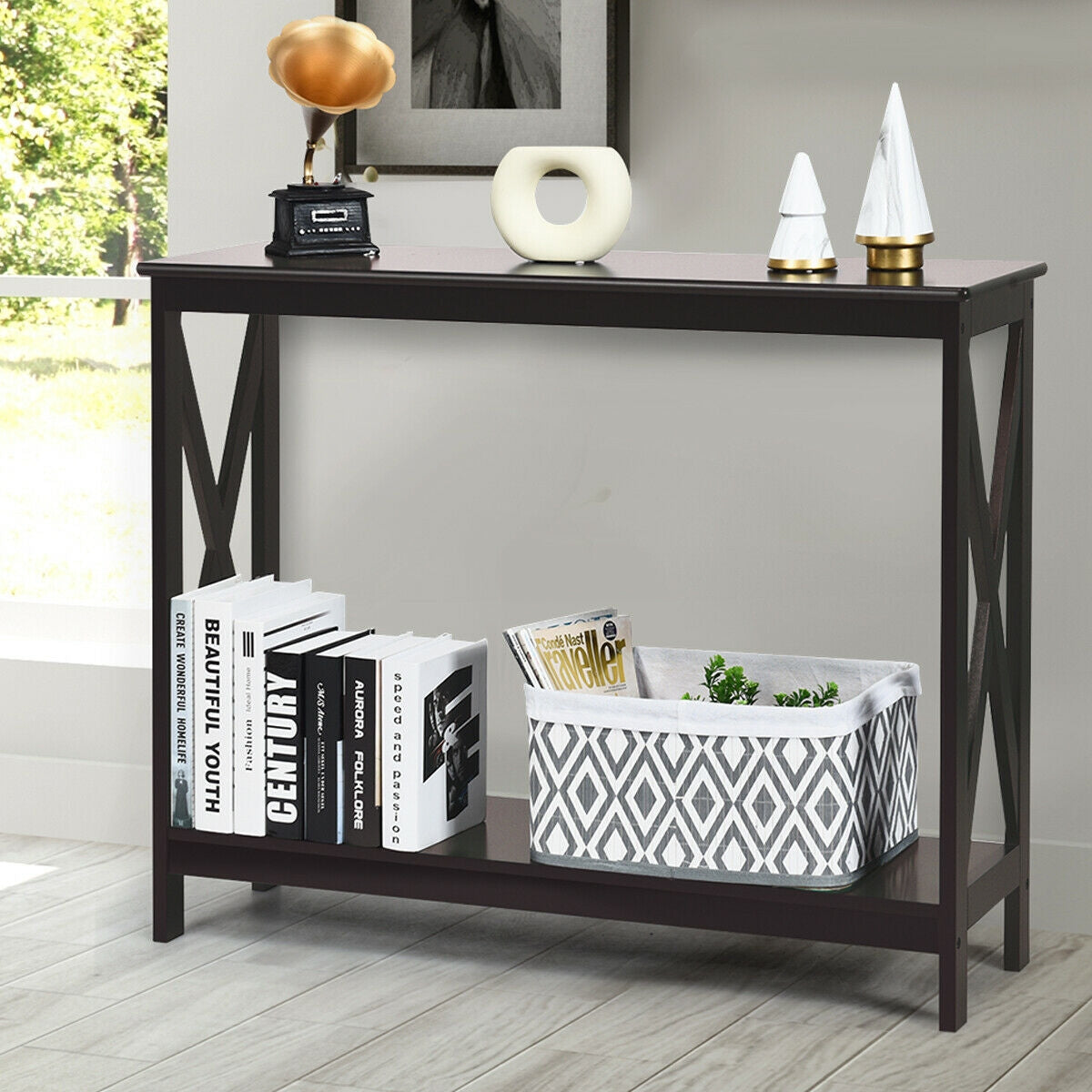 2 Tier Entryway Console Table with Open Shelves and X Frame in Dark Brown