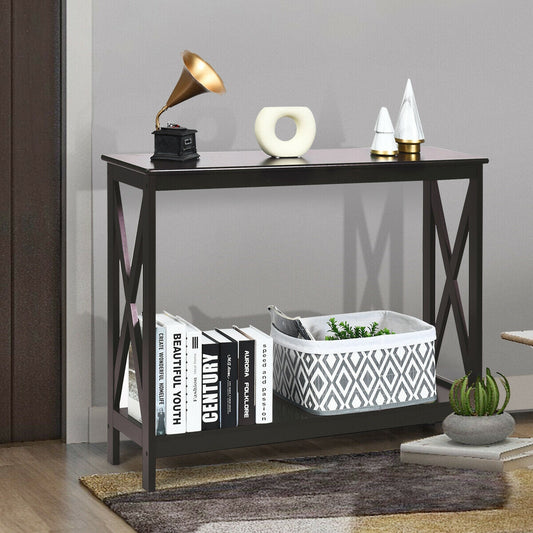 2 Tier Entryway Console Table with Open Shelves and X Frame in Dark Brown