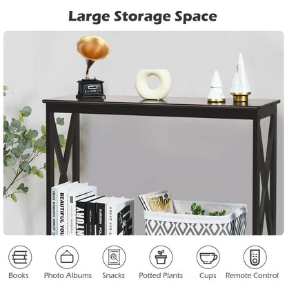 2 Tier Entryway Console Table with Open Shelves and X Frame in Dark Brown