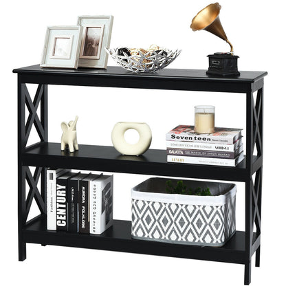 3 Tier Console Table with X Design in Black for Entryway or Living Room