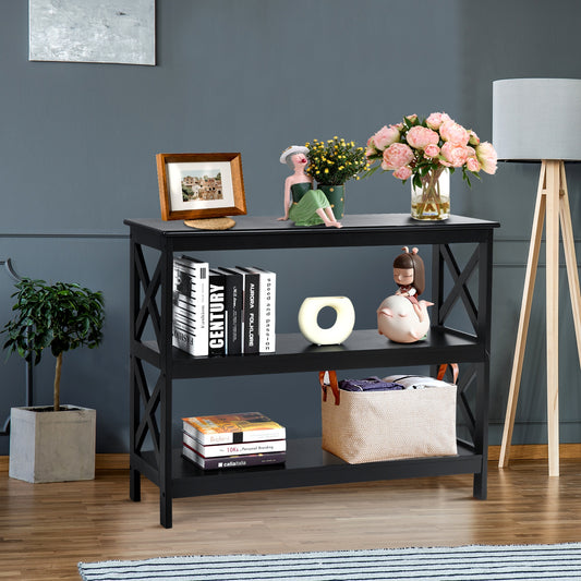 3 Tier Console Table with X Design in Black for Entryway or Living Room