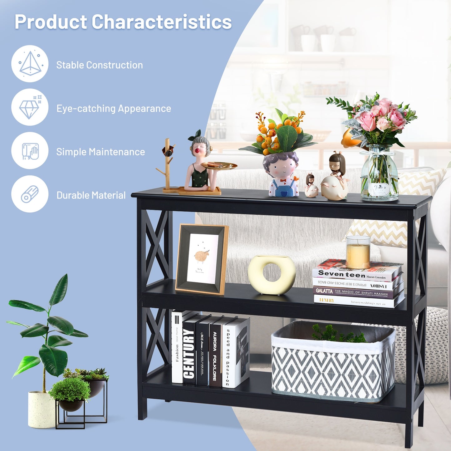 3 Tier Console Table with X Design in Black for Entryway or Living Room