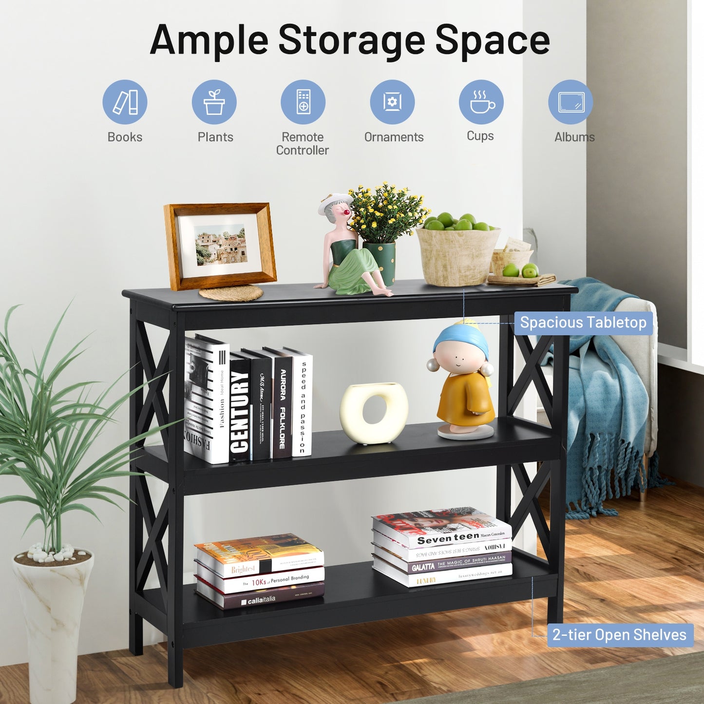3 Tier Console Table with X Design in Black for Entryway or Living Room