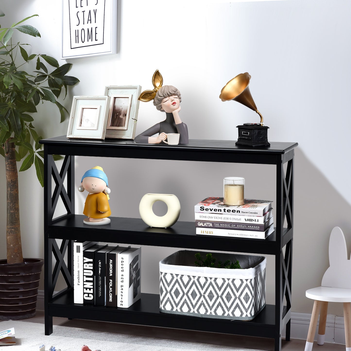 3 Tier Console Table with X Design in Black for Entryway or Living Room