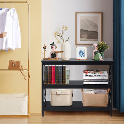 3 Tier Console Table with X Design in Black for Entryway or Living Room