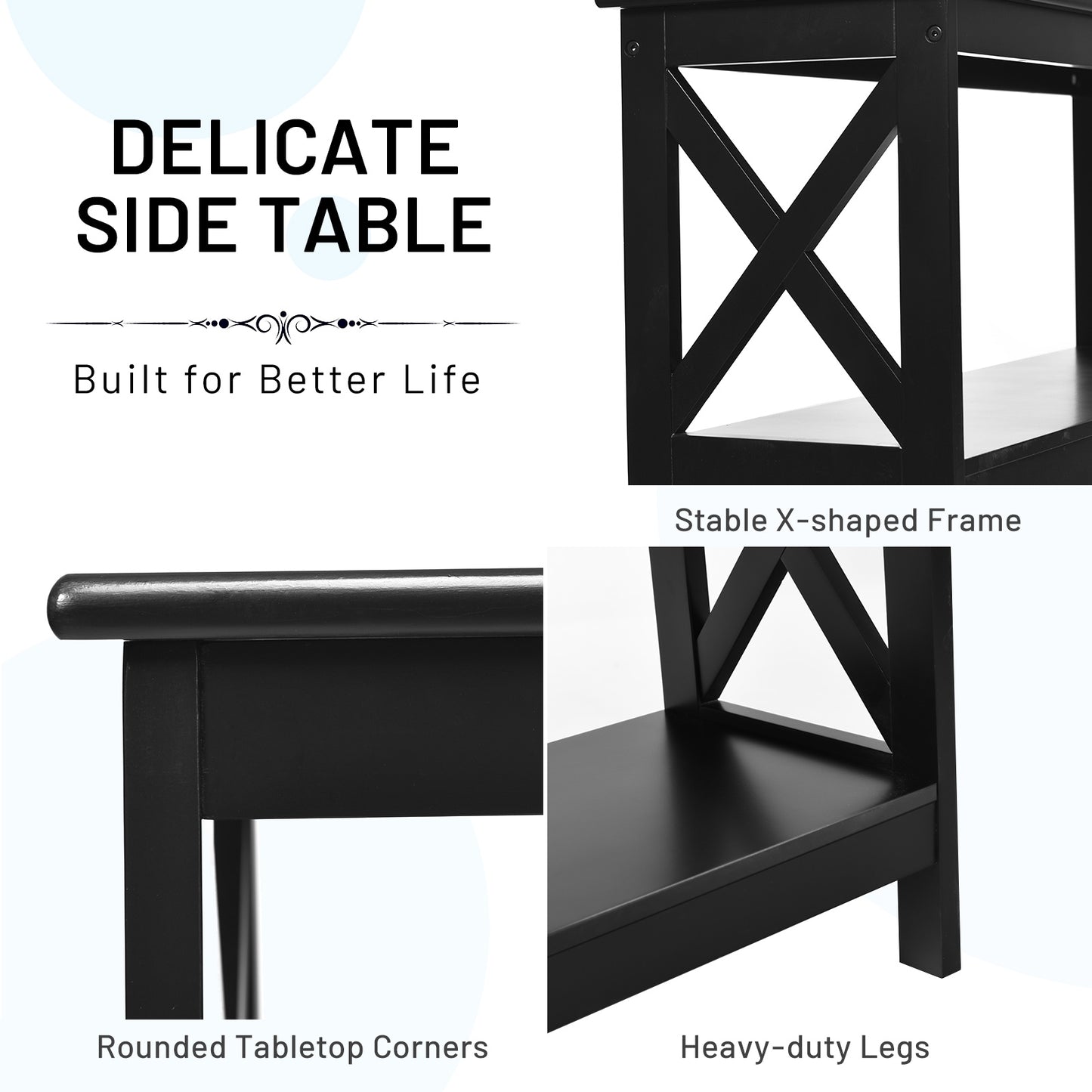 3 Tier Console Table with X Design in Black for Entryway or Living Room