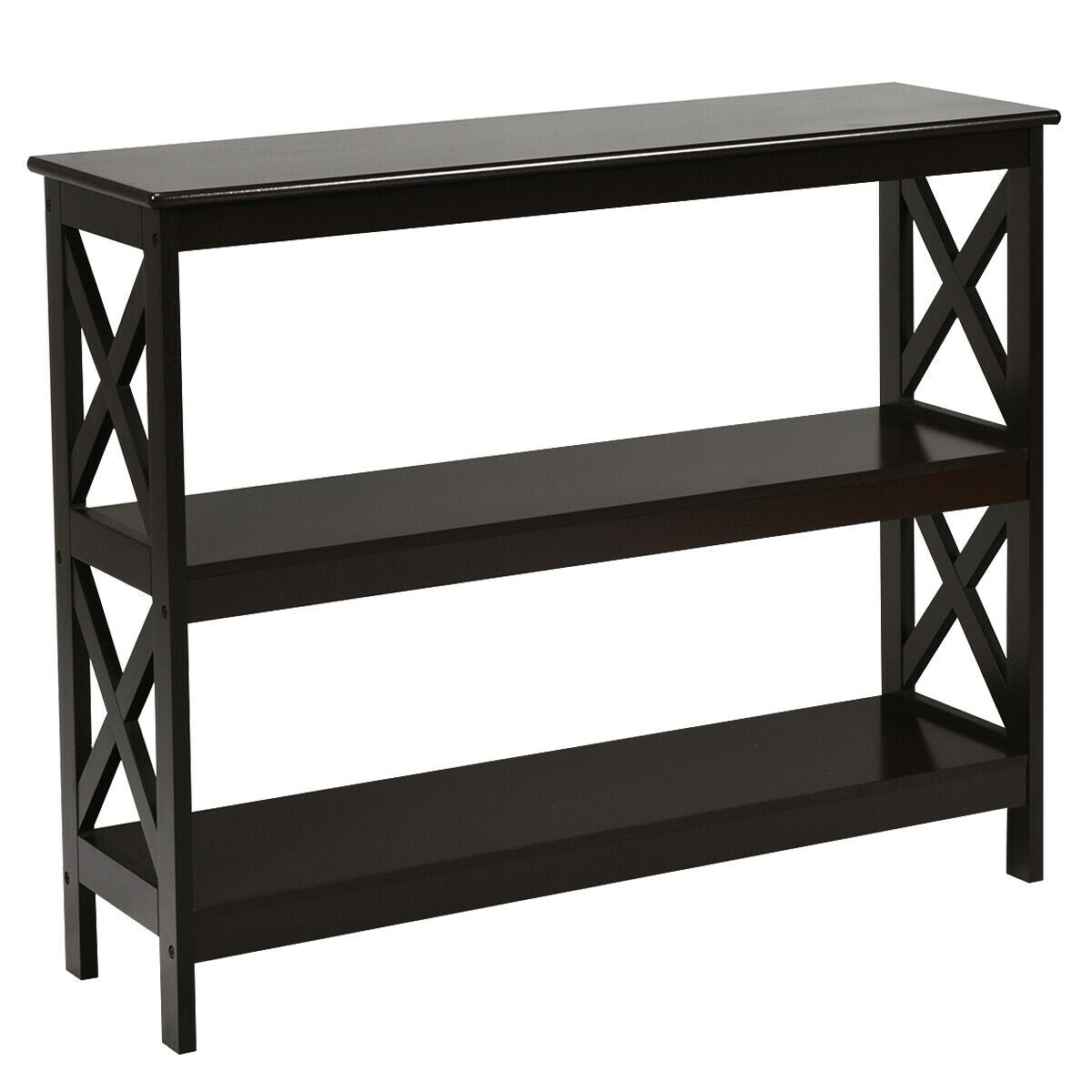 3 Tier Console Table with X Design in Dark Brown for Entryway or Living Room