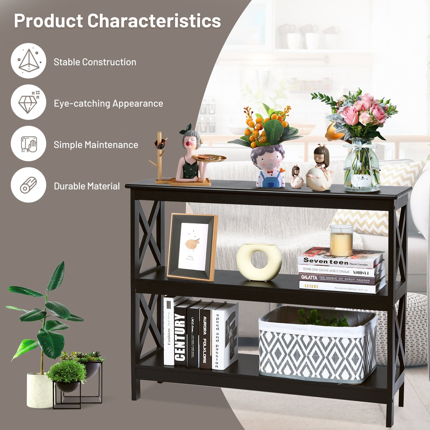 3 Tier Console Table with X Design in Dark Brown for Entryway or Living Room