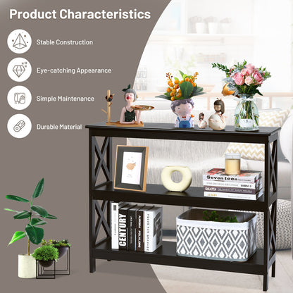 3 Tier Console Table with X Design in Dark Brown for Entryway or Living Room