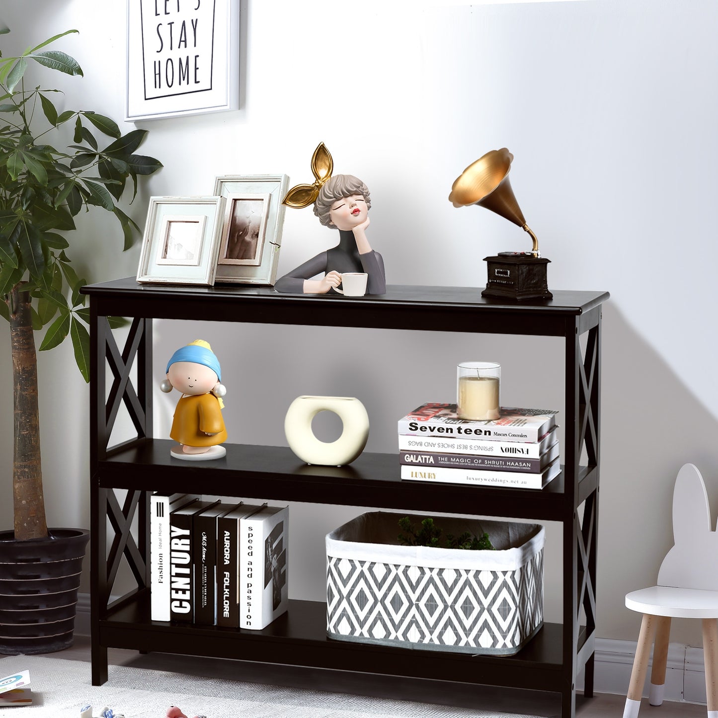 3 Tier Console Table with X Design in Dark Brown for Entryway or Living Room