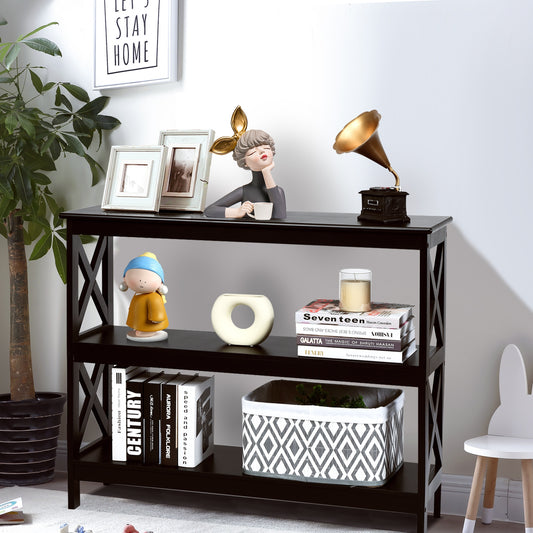3 Tier Console Table with X Design in Dark Brown for Entryway or Living Room