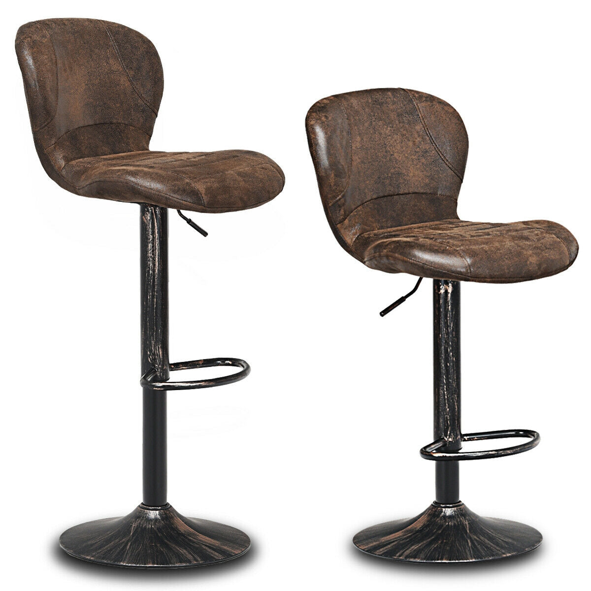 Set of 2 Adjustable Swivel Bar Stools with Vintage Style Upholstered Seats in Hot Stamping Cloth
