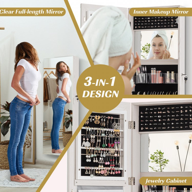 Lockable Jewelry Cabinet with Frameless Full-Length Mirror and Spacious Storage - White