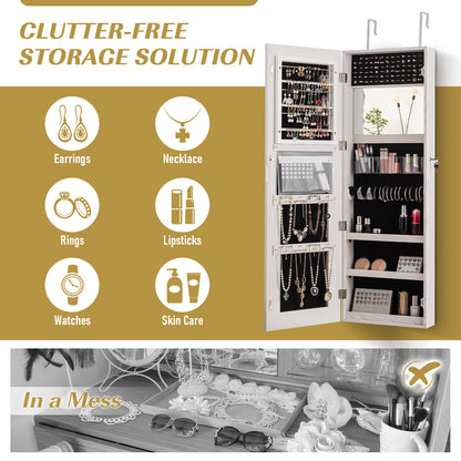 Lockable Jewelry Cabinet with Frameless Full-Length Mirror and Spacious Storage - White