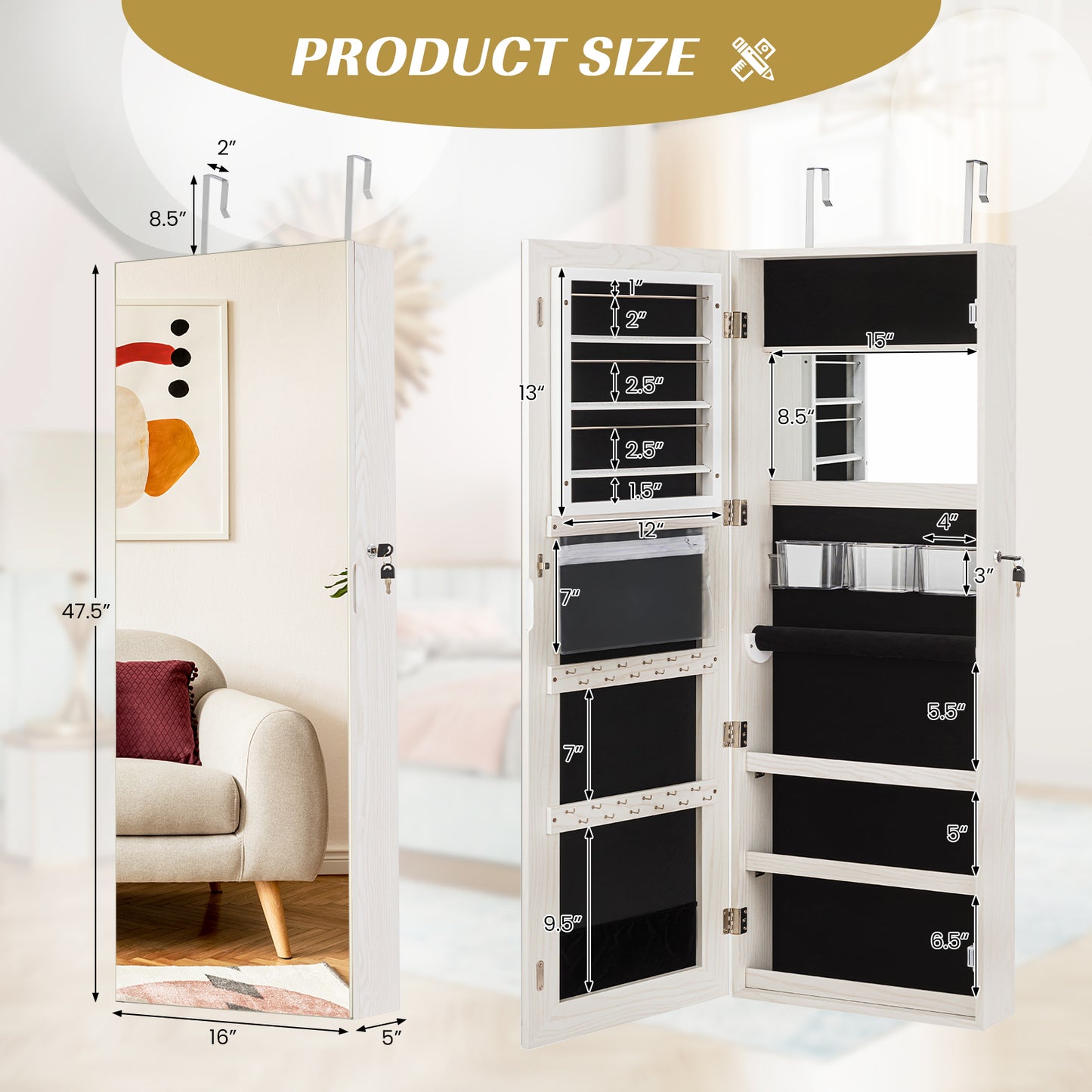 Lockable Jewelry Cabinet with Frameless Full-Length Mirror and Spacious Storage - White