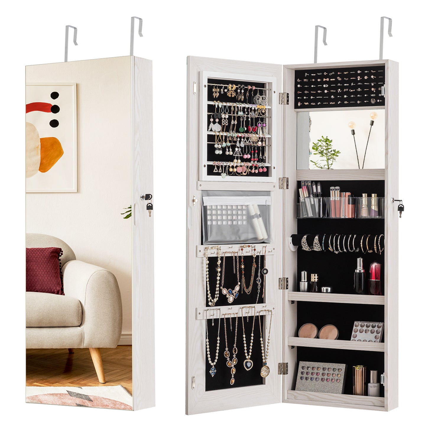 Lockable Jewelry Cabinet with Frameless Full-Length Mirror and Spacious Storage - White