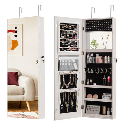 Lockable Jewelry Cabinet with Frameless Full-Length Mirror and Spacious Storage - White