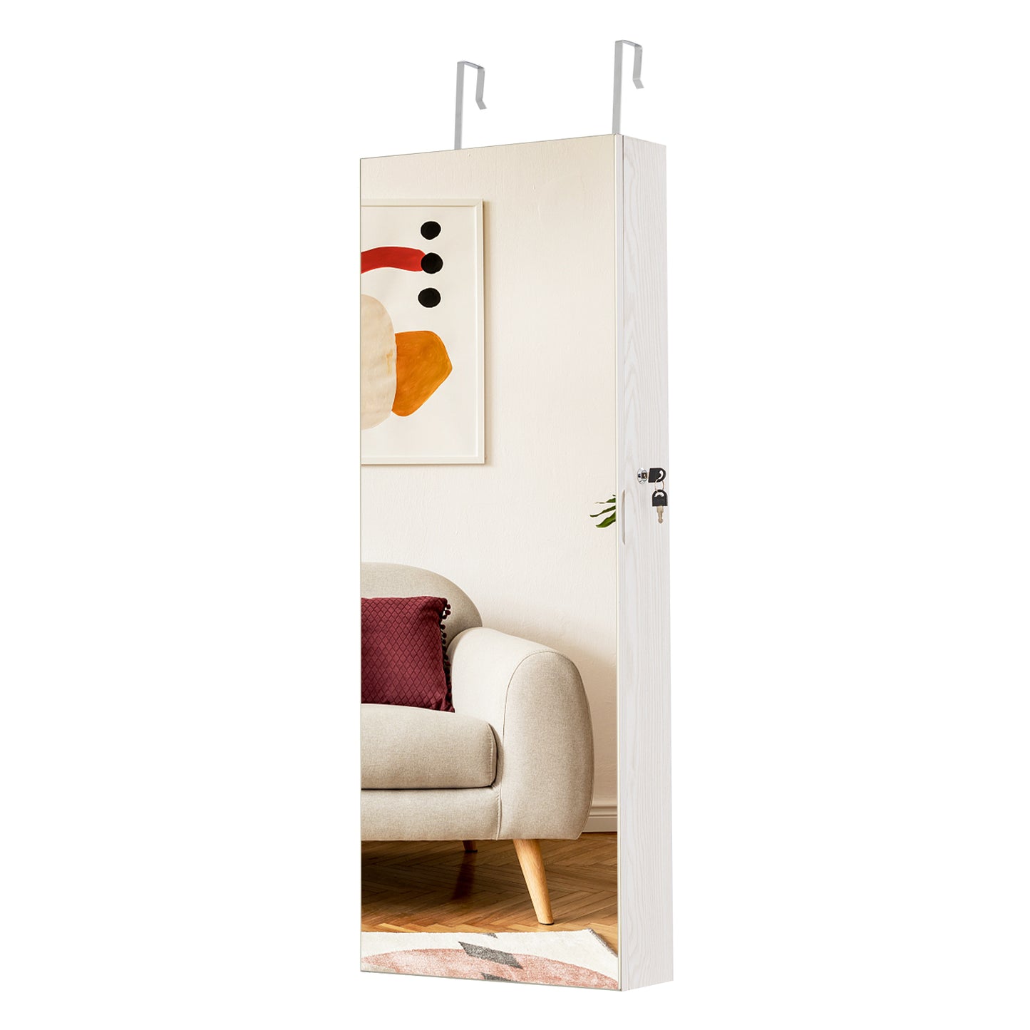 Lockable Jewelry Cabinet with Frameless Full-Length Mirror and Spacious Storage - White