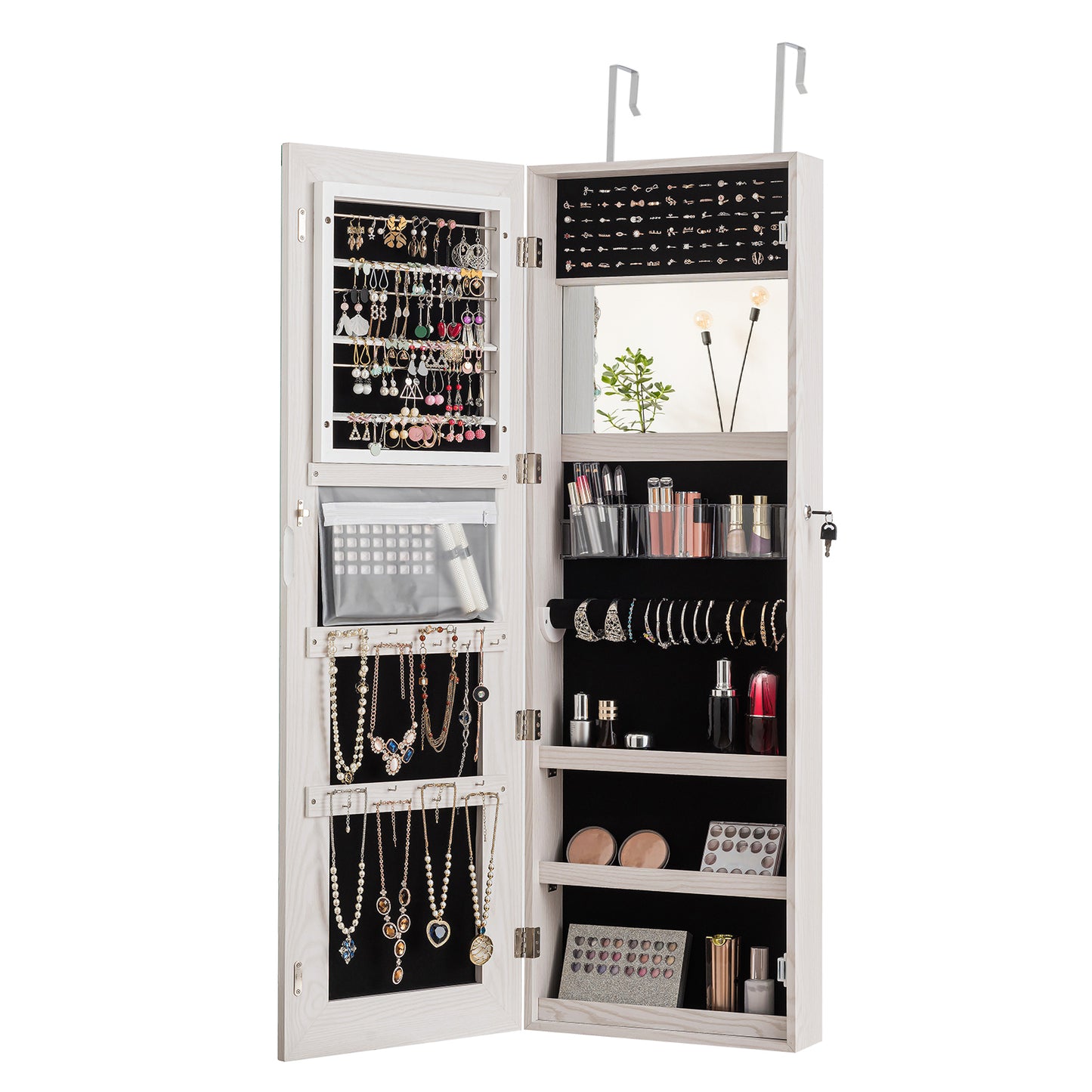 Lockable Jewelry Cabinet with Frameless Full-Length Mirror and Spacious Storage - White