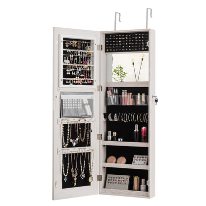 Lockable Jewelry Cabinet with Frameless Full-Length Mirror and Spacious Storage - White