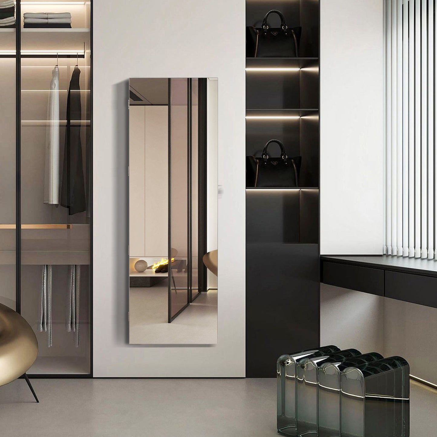 Lockable Jewelry Cabinet with Frameless Full-Length Mirror and Spacious Storage - White