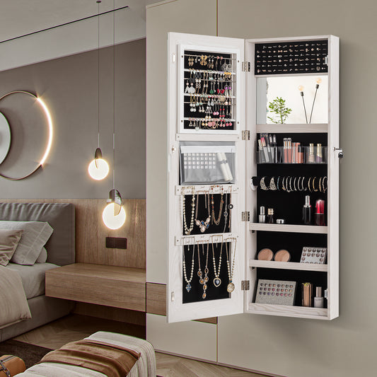 Lockable Jewelry Cabinet with Frameless Full-Length Mirror and Spacious Storage - White