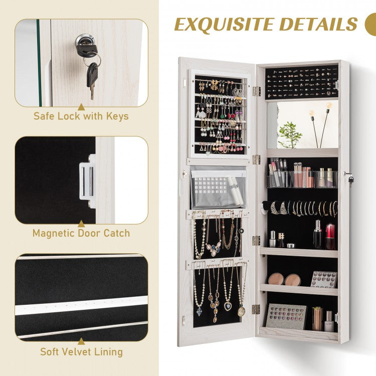 Lockable Jewelry Cabinet with Frameless Full-Length Mirror and Spacious Storage - White