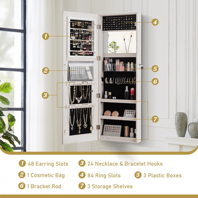 Lockable Jewelry Cabinet with Frameless Full-Length Mirror and Spacious Storage - White