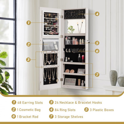 Lockable Jewelry Cabinet with Frameless Full-Length Mirror and Spacious Storage - White