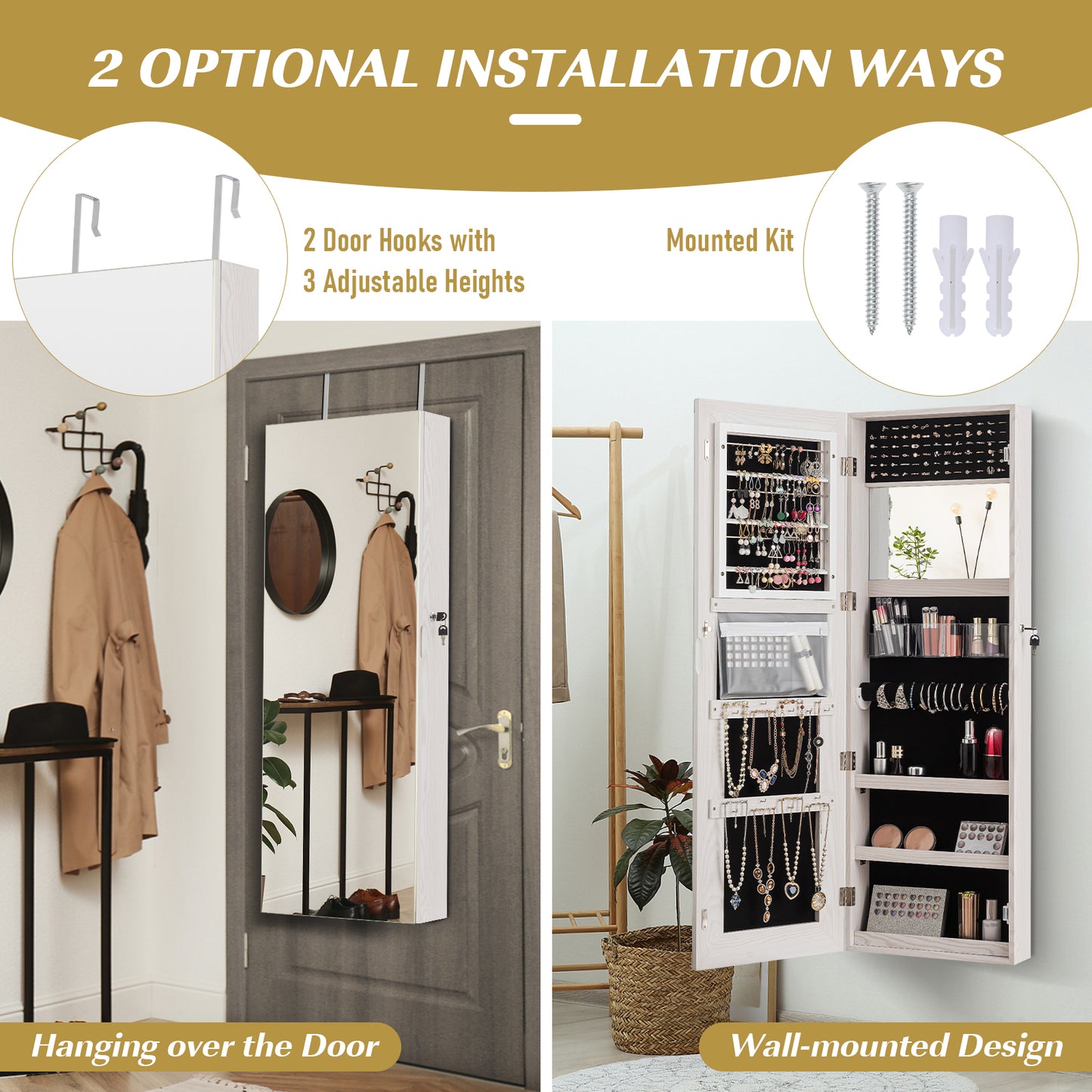 Lockable Jewelry Cabinet with Frameless Full-Length Mirror and Spacious Storage - White