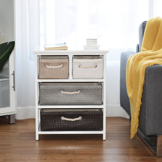 Modern 4-Drawer Nightstand with Woven Baskets – Wood Bedside Storage Cabinet