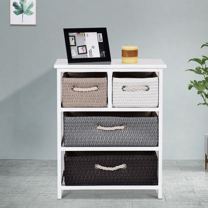 Modern 4-Drawer Nightstand with Woven Baskets – Wood Bedside Storage Cabinet