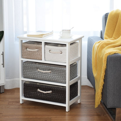 Modern 4-Drawer Nightstand with Woven Baskets – Wood Bedside Storage Cabinet