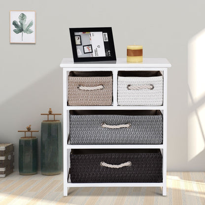 Modern 4-Drawer Nightstand with Woven Baskets – Wood Bedside Storage Cabinet