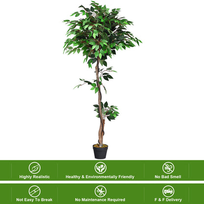 Realistic 5.5' Artificial Ficus Silk Tree with Natural Wooden Trunks
