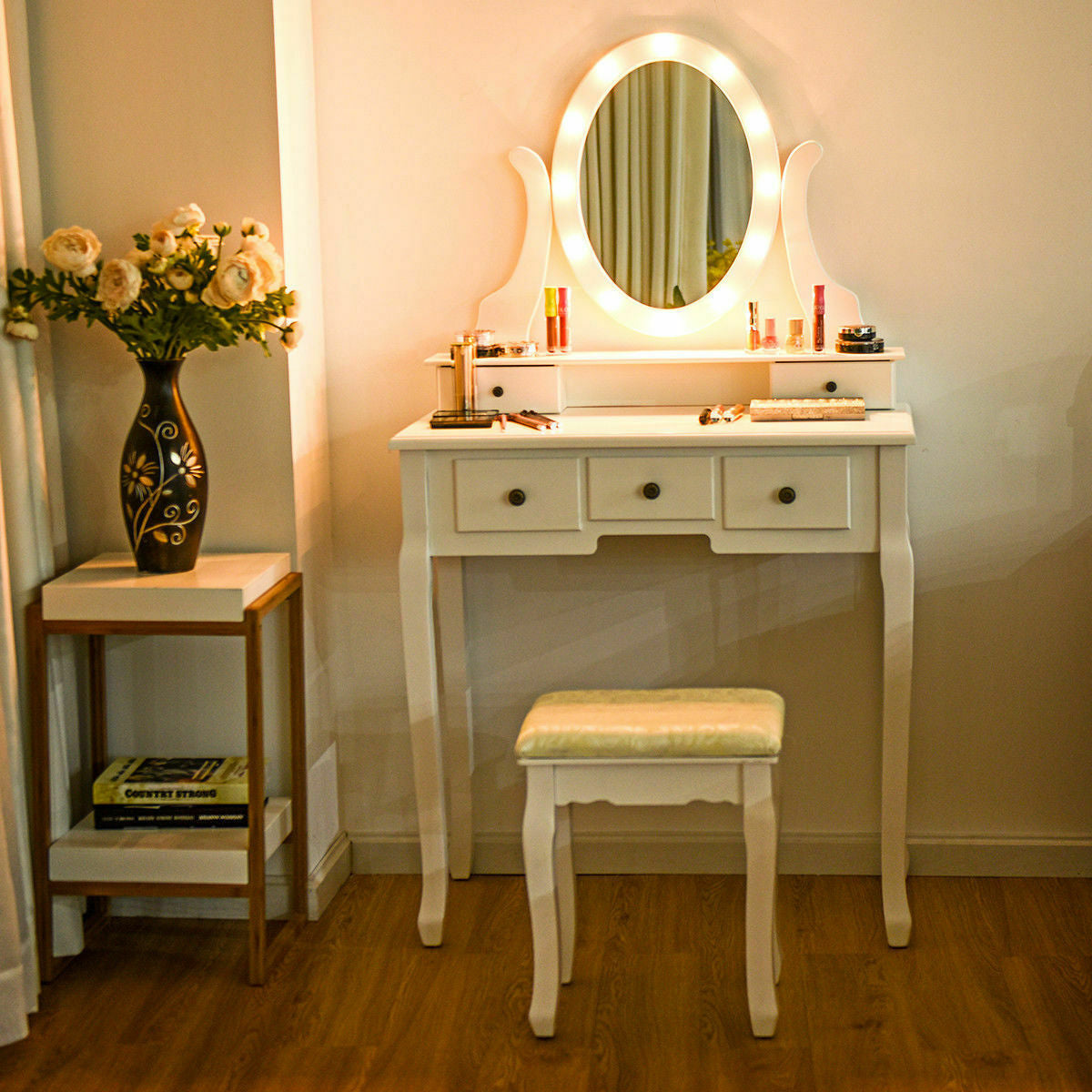 Vanity Table Set with 5 Drawers, Lighted Mirror with 12 LED Bulbs, and Cushioned Stool – White