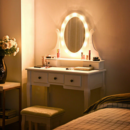 Vanity Table Set with 5 Drawers, Lighted Mirror with 12 LED Bulbs, and Cushioned Stool – White