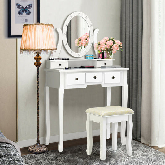 Vanity Table Set with 5 Drawers, Lighted Mirror with 12 LED Bulbs, and Cushioned Stool – White